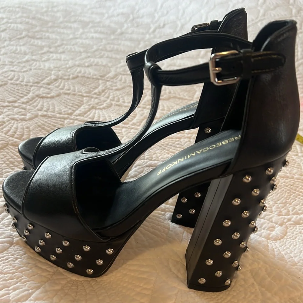 Rebecca Minkoff Black Leather Studded Platform T-Strap Sandals Heels